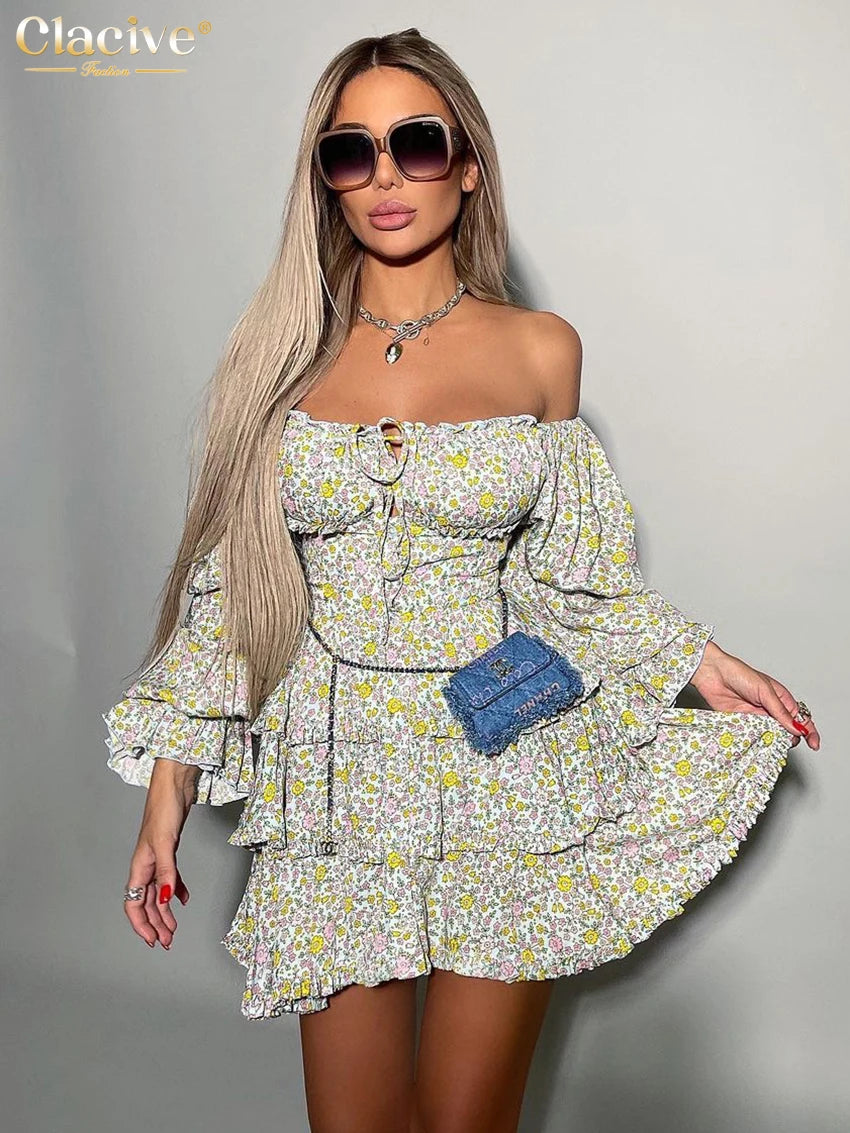 Clacive Sexy Slim Print Womens Dresses 2024 Fashion Slash Neck Long Sleeve Mini Dress Elegant High Waist Ruffle Female Dress Clacive Sexy Slim Print Womens Dresses 2024 Fashion Slash Neck Long Sleeve Mini Dress Elegant High Waist Ruffle Female Dress
